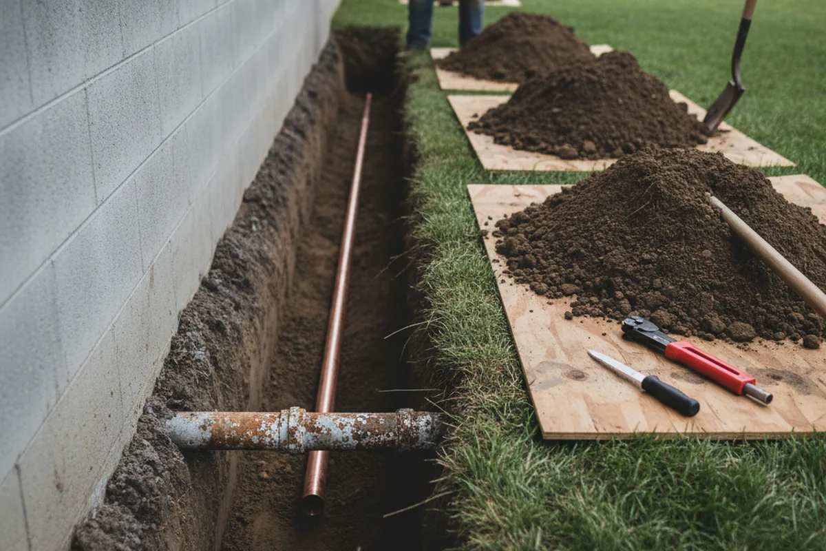 Excavated water line trench during Water Softener Installation in Winnetka